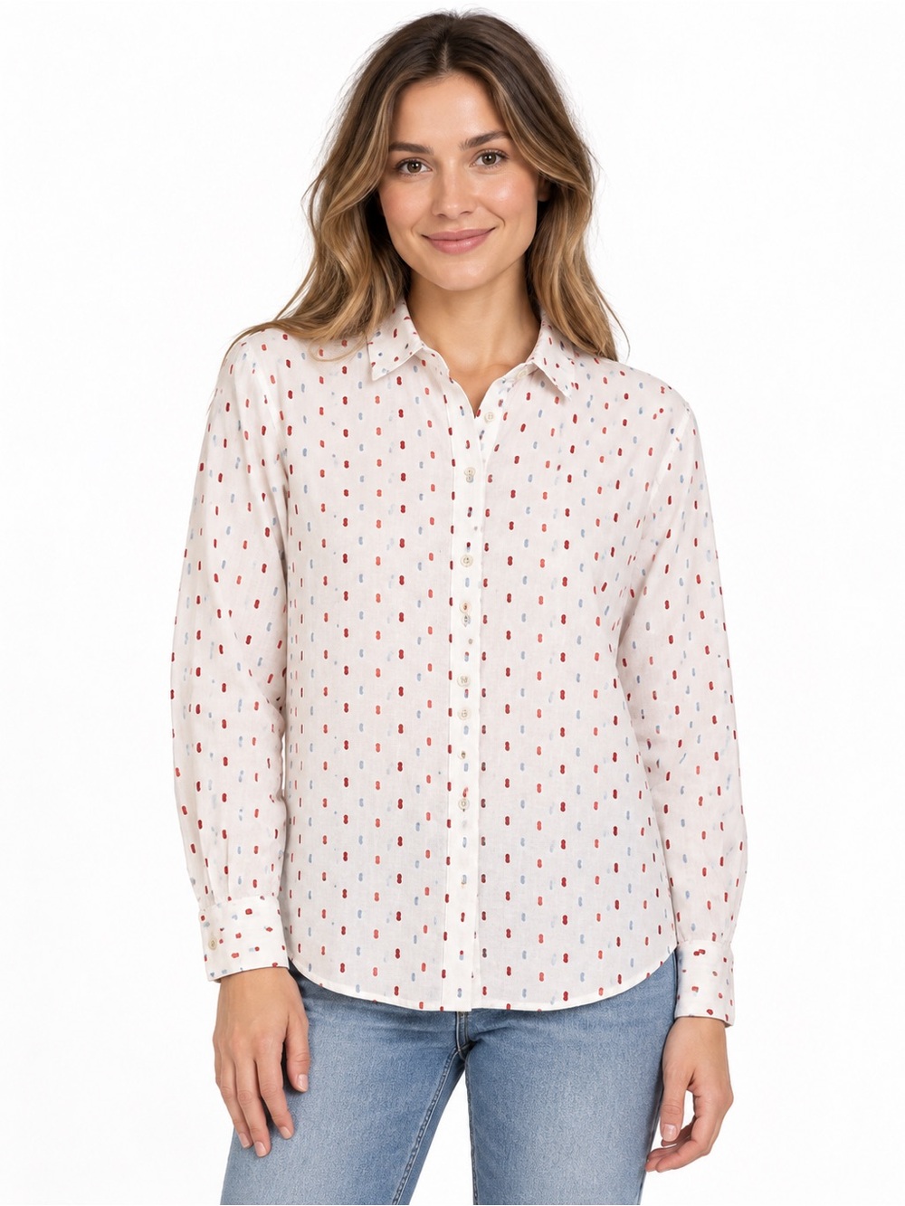 Womens Cream Button-Up Blouse with Red & Blue Dot Print - 1076